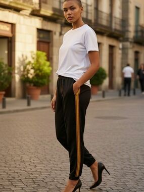 Kobi Halperin Jogger Pants Women M Black Yellow Side Stripe Pull On Crop